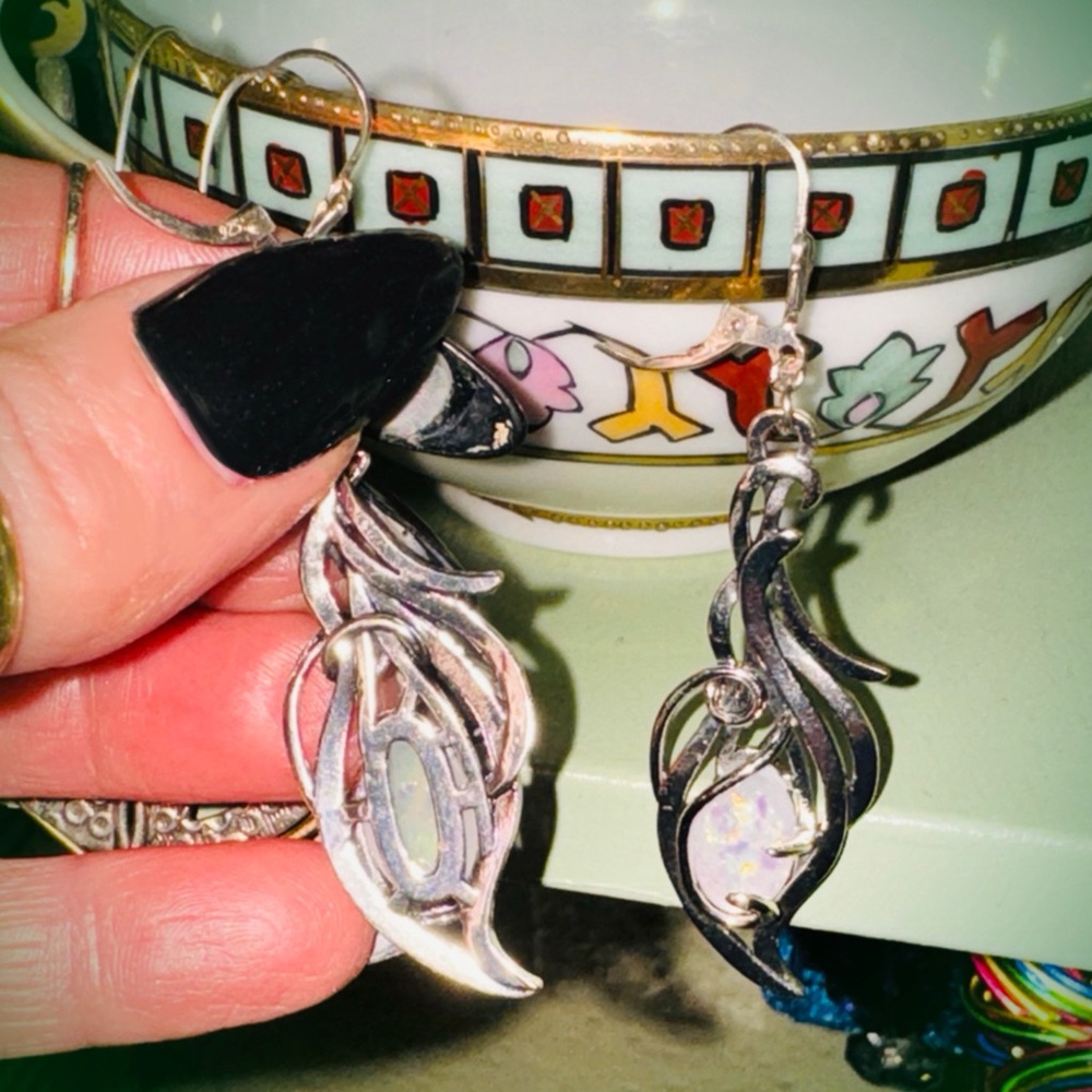 Silver Tone Art Nouveau Elegant Dangle Earrings w/ Oval Synthetic Opal Gemstones